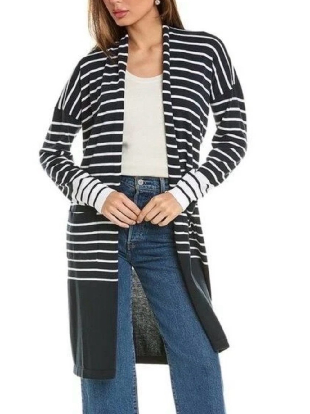 CAbi Boathouse duster cardigan sweater navy white stripe shawl collar new Medium